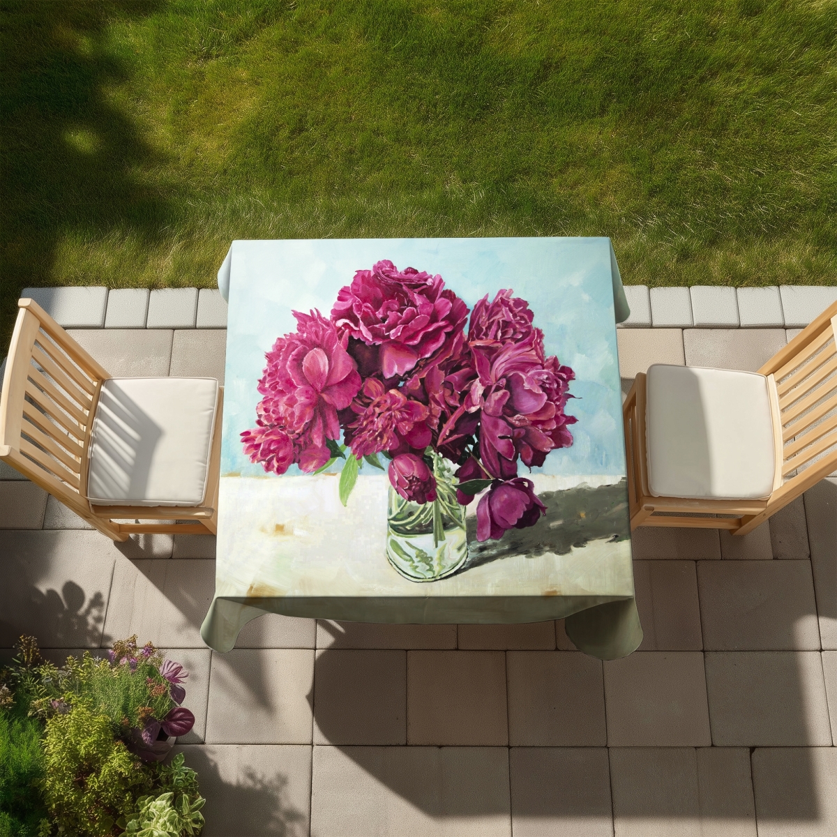 Picture of Begin Home Decor C1TC5858O3DMN4 58 x 58 in. Fuchsia Peony Blue Floral Tablecloth - Indoor Outdoor Home Decor