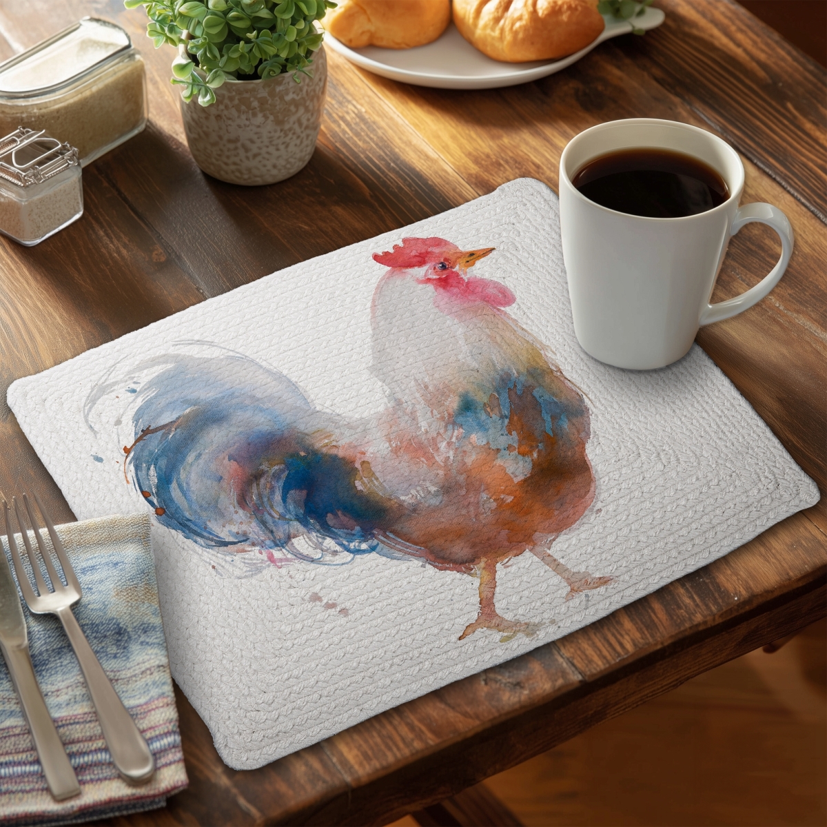 Picture of Begin Home Decor C6BP141863DS47 14 x 18 in. Watercolor Rooster Braided Polyester Placemat - Home Decor - Set of 6