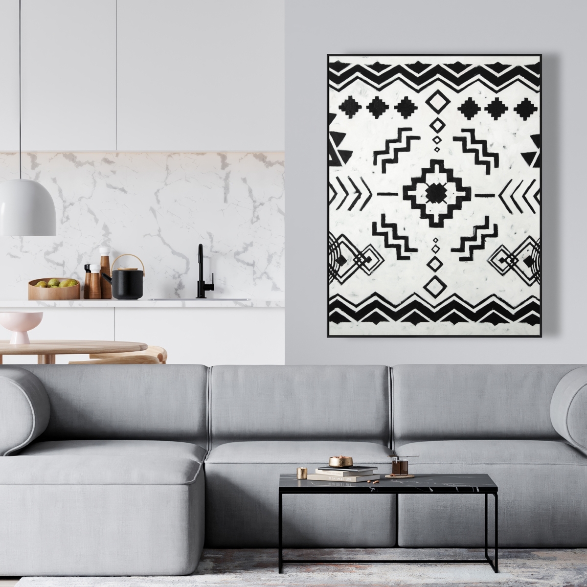 C1FC3648K6UYMH 36 x 48 in. Ethnic Patterns - Black & White Framed Canvas for Man Cave Decor