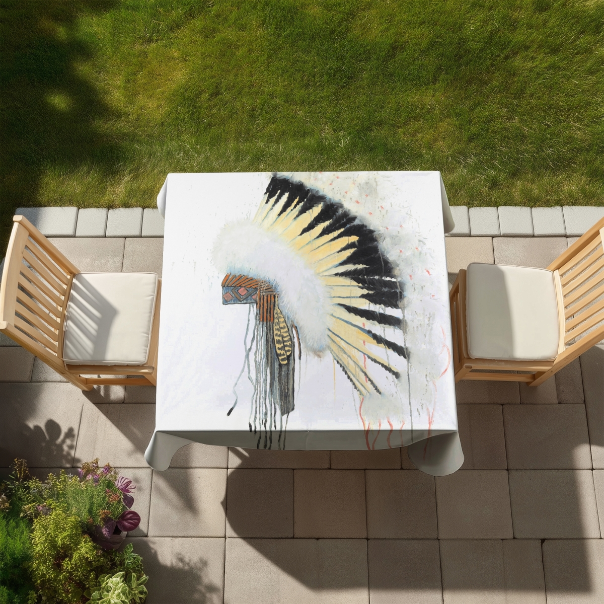 Picture of Begin Home Decor C1TC5858VH1PSE 58 x 58 in. Yellow Ethnic Tablecloth - Amerindian Headdress Home Decor