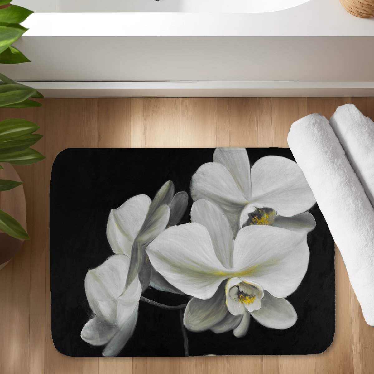 C1BM1724VCN2ZZ 17 x 24 in. White Orchids Hyperrealist Black Bath Mat - Home Decor