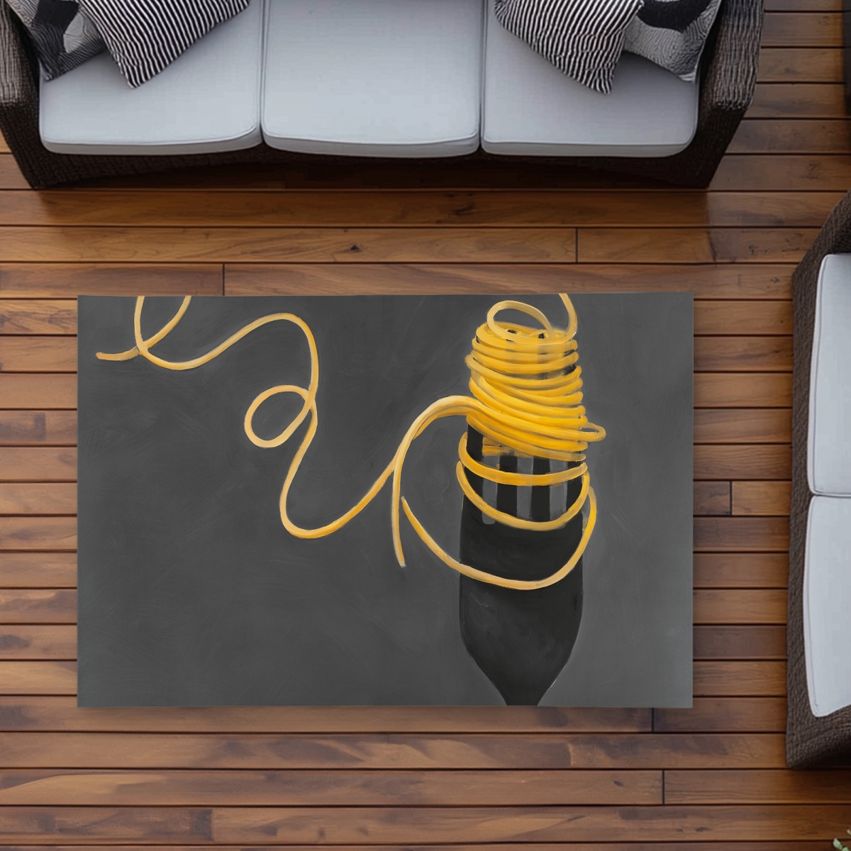 C1ROAR35OPS9WL 3 x 5 ft. Spaghetti Pasta Around a Fork Rug - Gastronomy Yellow Decor - Rectangle