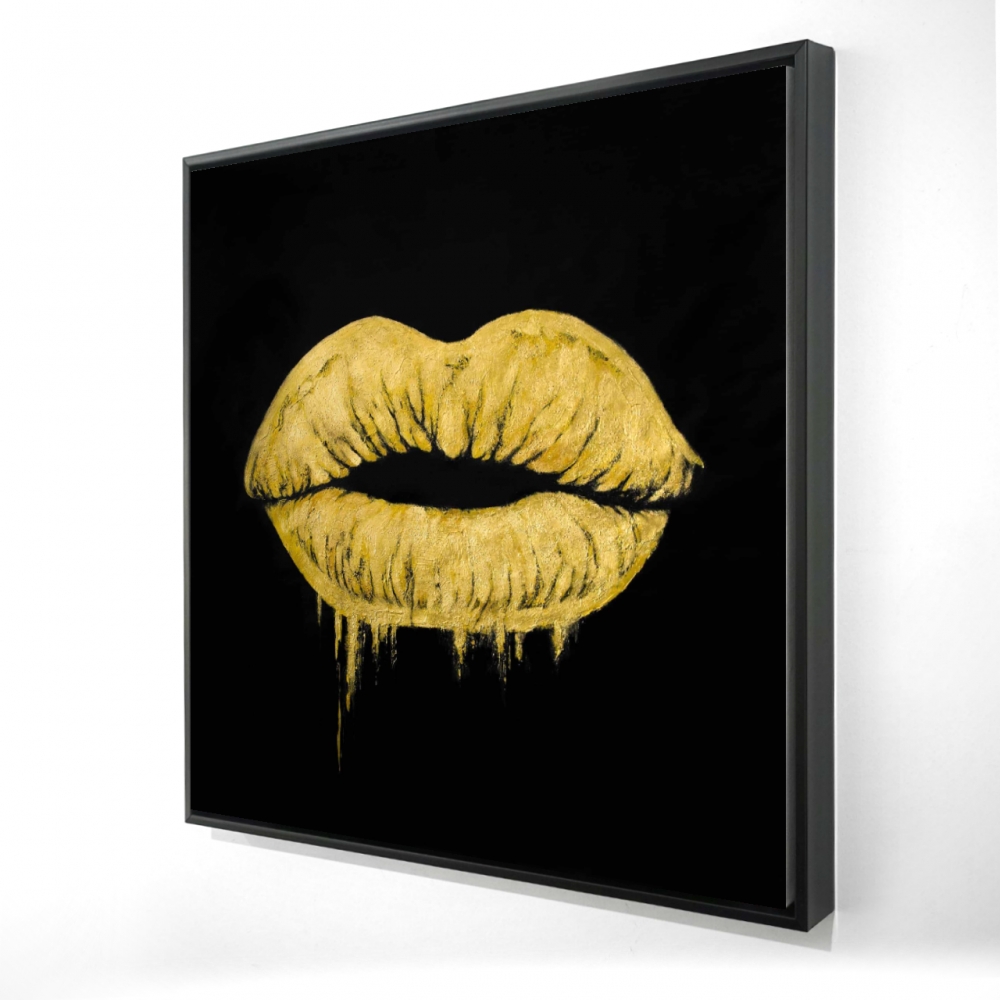 2081-2424-FI89 24 x 24 in. Golden Lips Woman Canvas - Black Frame Home Decor Art
