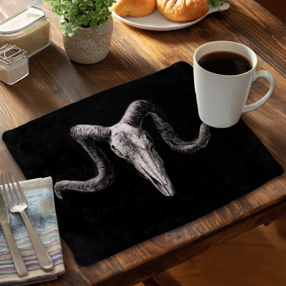 Picture of Begin Home Decor C6BP1418AAJOZ9 14 x 18 in. Skeleton Skulls Grunge Style Braided Polyester Placemat - Home Decor - Set of 6