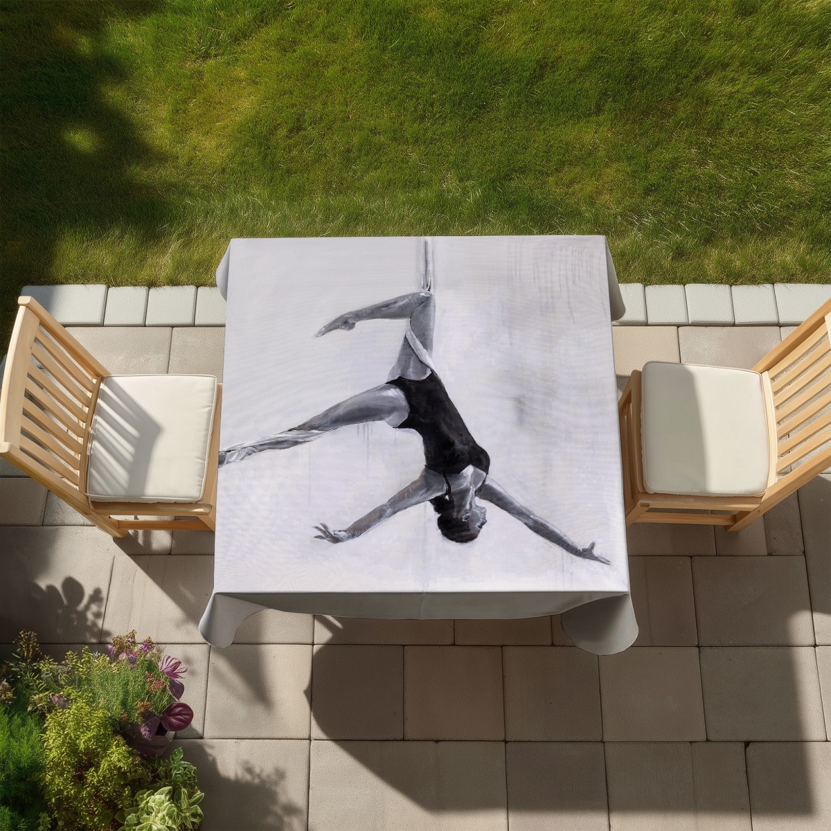 Picture of Begin Home Decor C1TC5858IU6YD5 58 x 58 in. Monochrome Dancer on Aerial Silks Tablecloth - Indoor & Outdoor