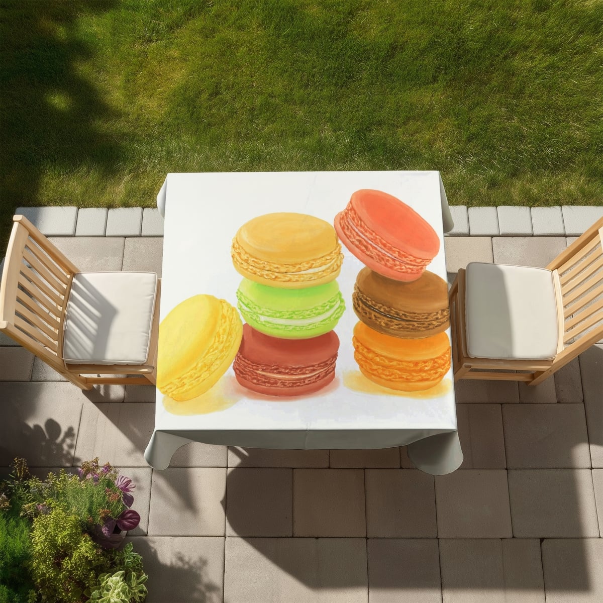 Picture of Begin Home Decor C1TC5858XTWOB5 58 x 58 in. Delicious Macaroons Tablecloth - Yellow Gastronomy Decor