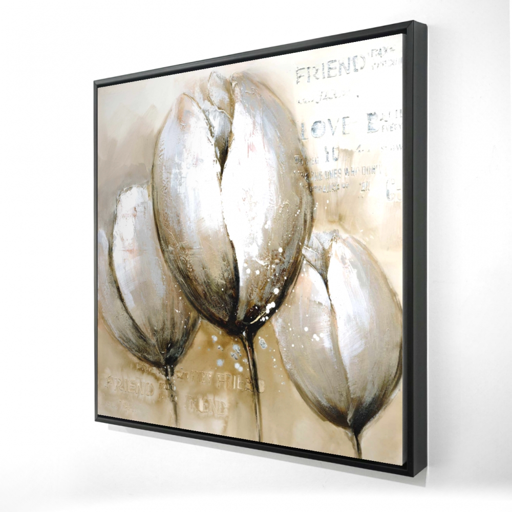 2081-3636-FL46 36 x 36 in. Three Tulips with Typography - Beige Framed Canvas Art