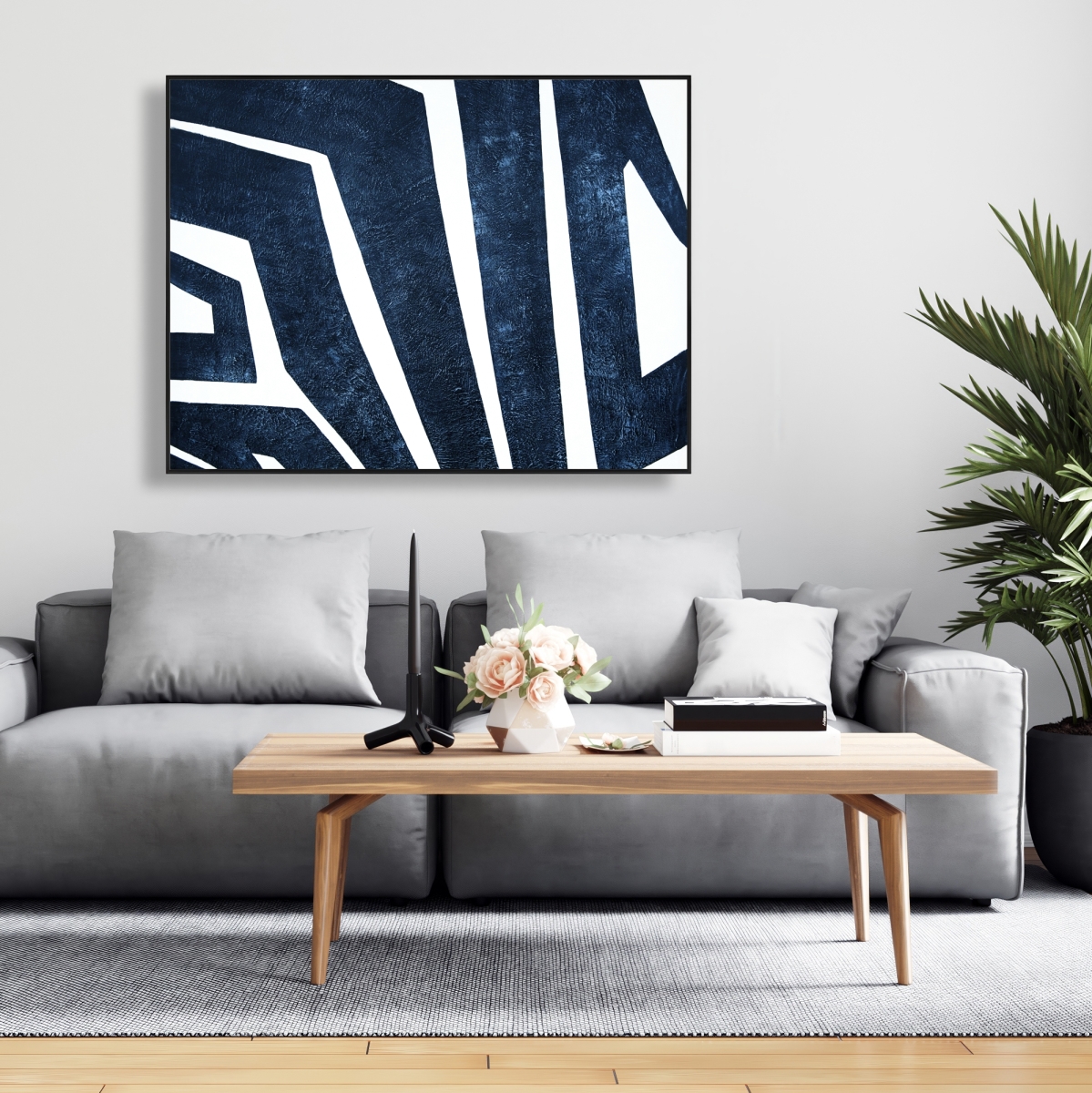 C1FC36485K93LR 36 x 48 in. Blue Labyrinth - Shapes Abstract Framed Canvas for Home Decor