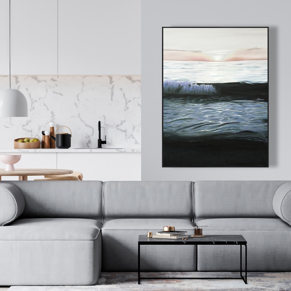C1FC36487395PV 36 x 48 in. Desaturated Sunset - Bathroom Waves Framed Canvas Art Decor