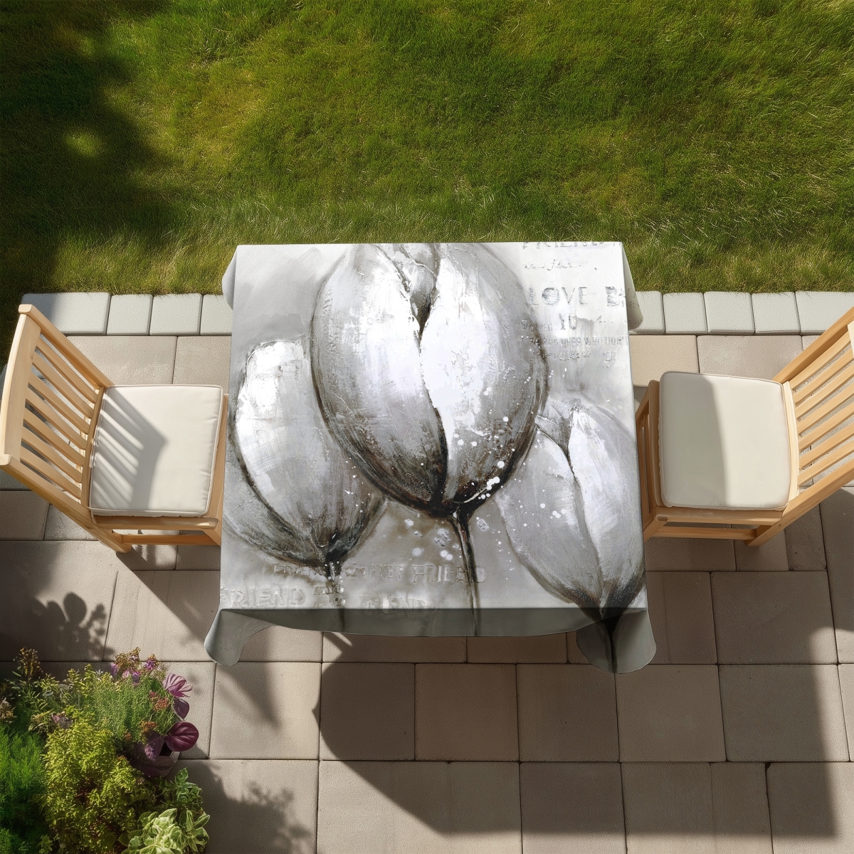 Picture of Begin Home Decor C1TC5858SYLWWQ 58 x 58 in. Botanical Gray Tablecloth - Three White Tulips - Indoor & Outdoor