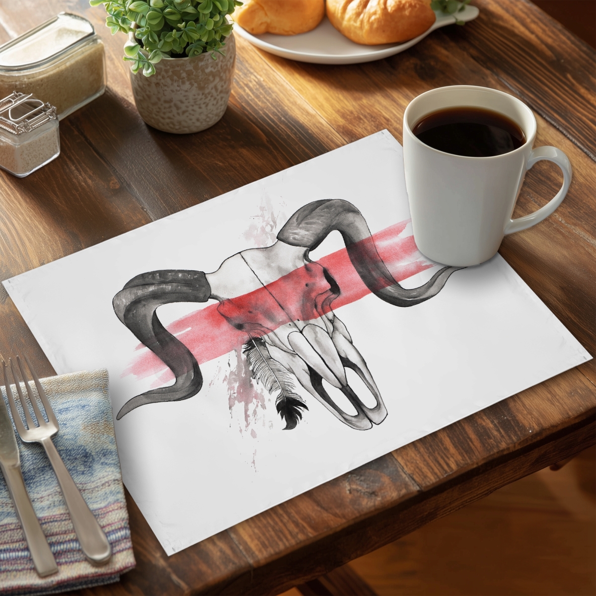 Picture of Begin Home Decor C6PP1418KP447H 14 x 18 in. Aries Skull with Feather Polyester Placemat - Home Decor - Set of 6