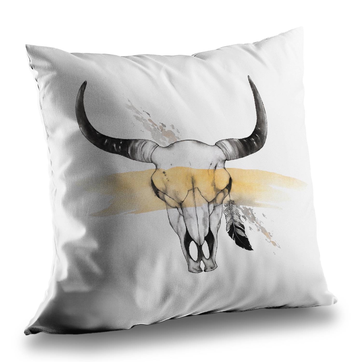 C1PT1414CM3LCQ 14 x 14 in. Cow Skull with Feather Rustic Poly Twill Throw Pillow - Home Decor