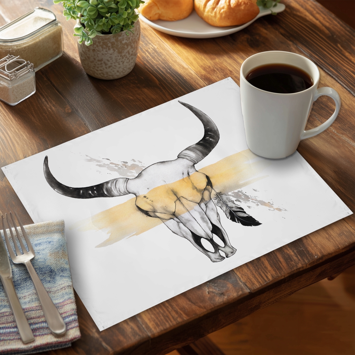 Picture of Begin Home Decor C6PP1418T7NI8O 14 x 18 in. Cow Skull with Feather Polyester Placemat - Home Decor - Set of 6