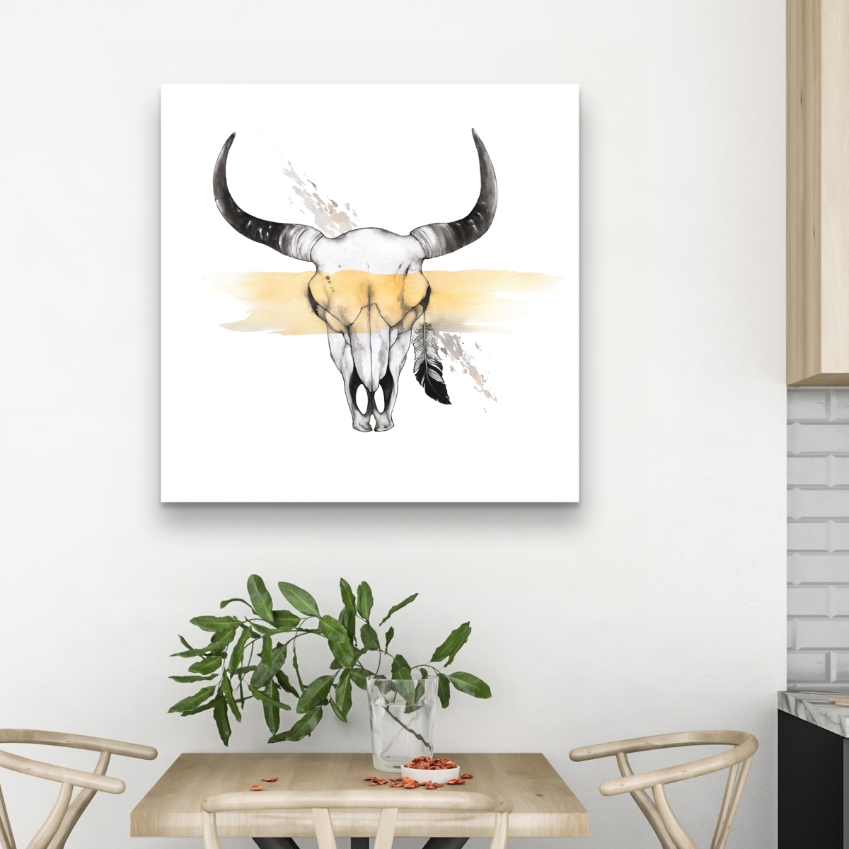 C1RC3232AW68AT 32 x 32 in. Cow Skull with Feather - Rustic Canvas for Bedroom Decor