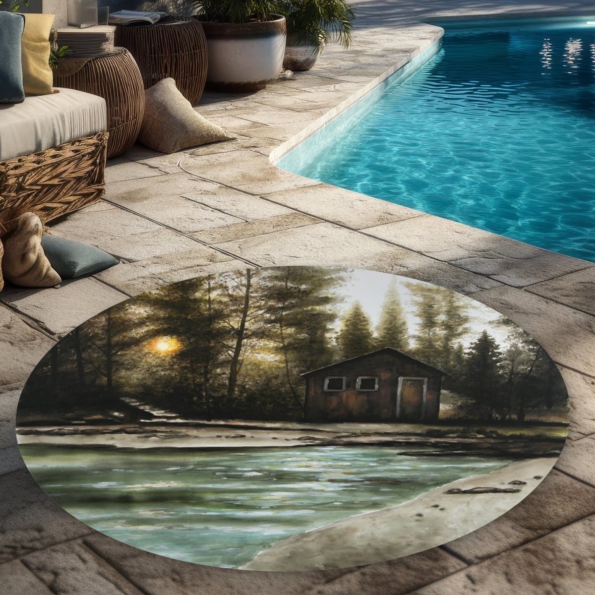 C1COAR55K8Q5QD 5 x 5 ft. Cabin in the Forest - Man Cave Outdoor Area Rug for Home Decor - Round