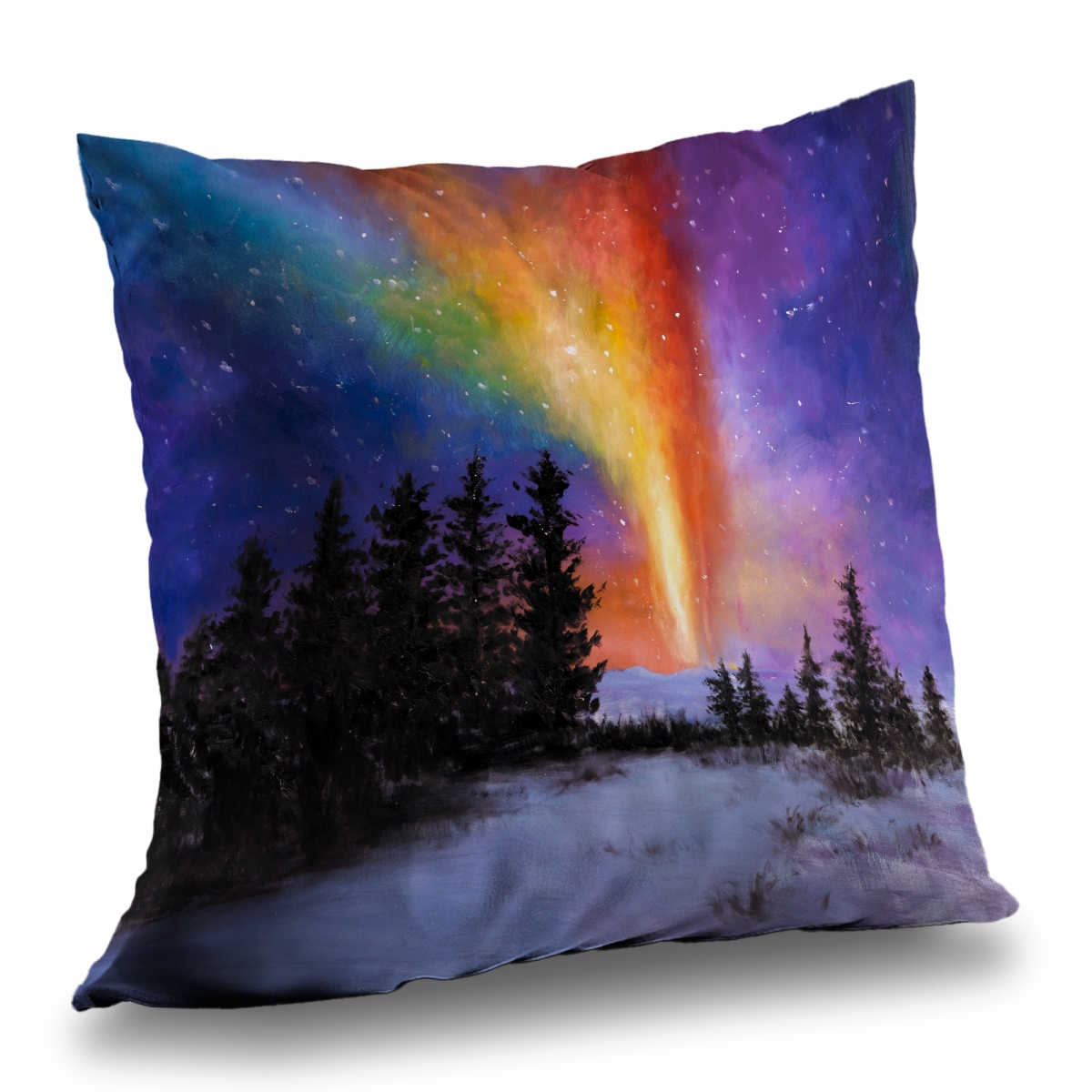 C1PC14142WRUV2 14 x 14 in. Aurora Borealis in the Forest - Black Poly Twill Throw Decor