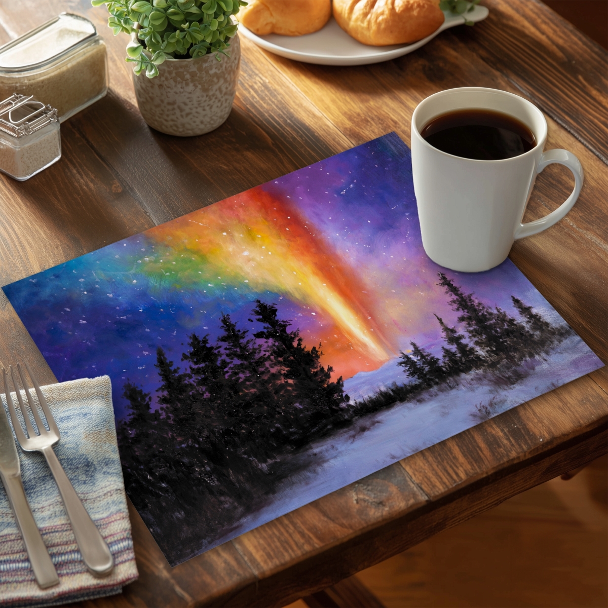 Picture of Begin Home Decor C4PP14186YRWU6 14 x 18 in. Aurora Borealis in the Forest Polyester Placemat - Home Decor - Set of 4