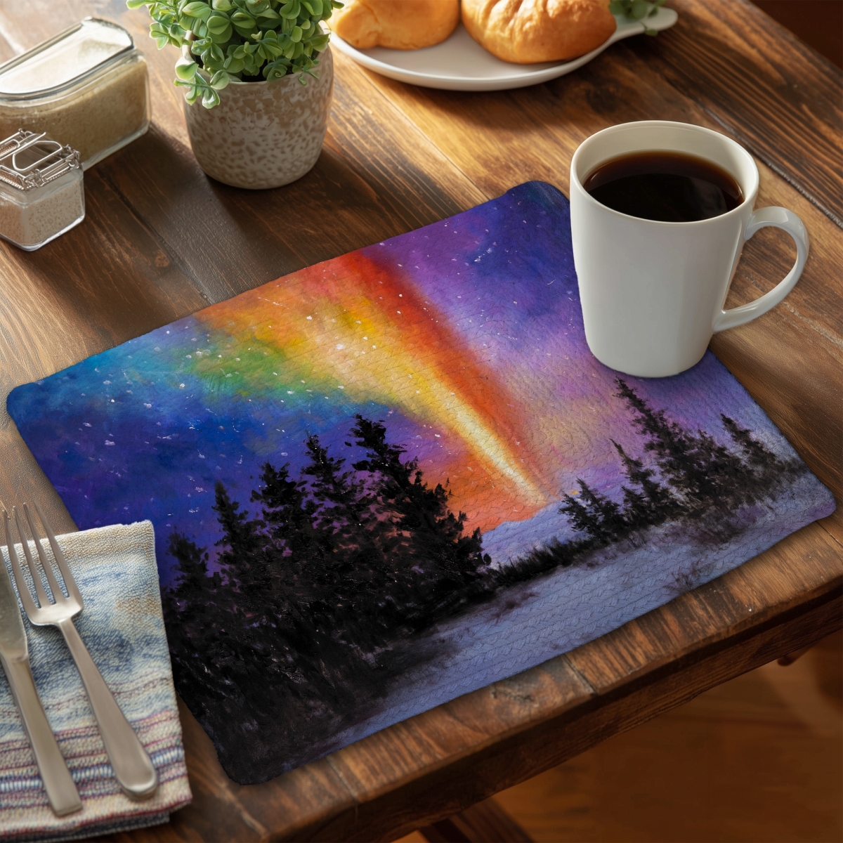 Picture of Begin Home Decor C6BP1418E6FP5F 14 x 18 in. Aurora Borealis in the Forest Braided Polyester Placemat - Home Decor - Set of 6