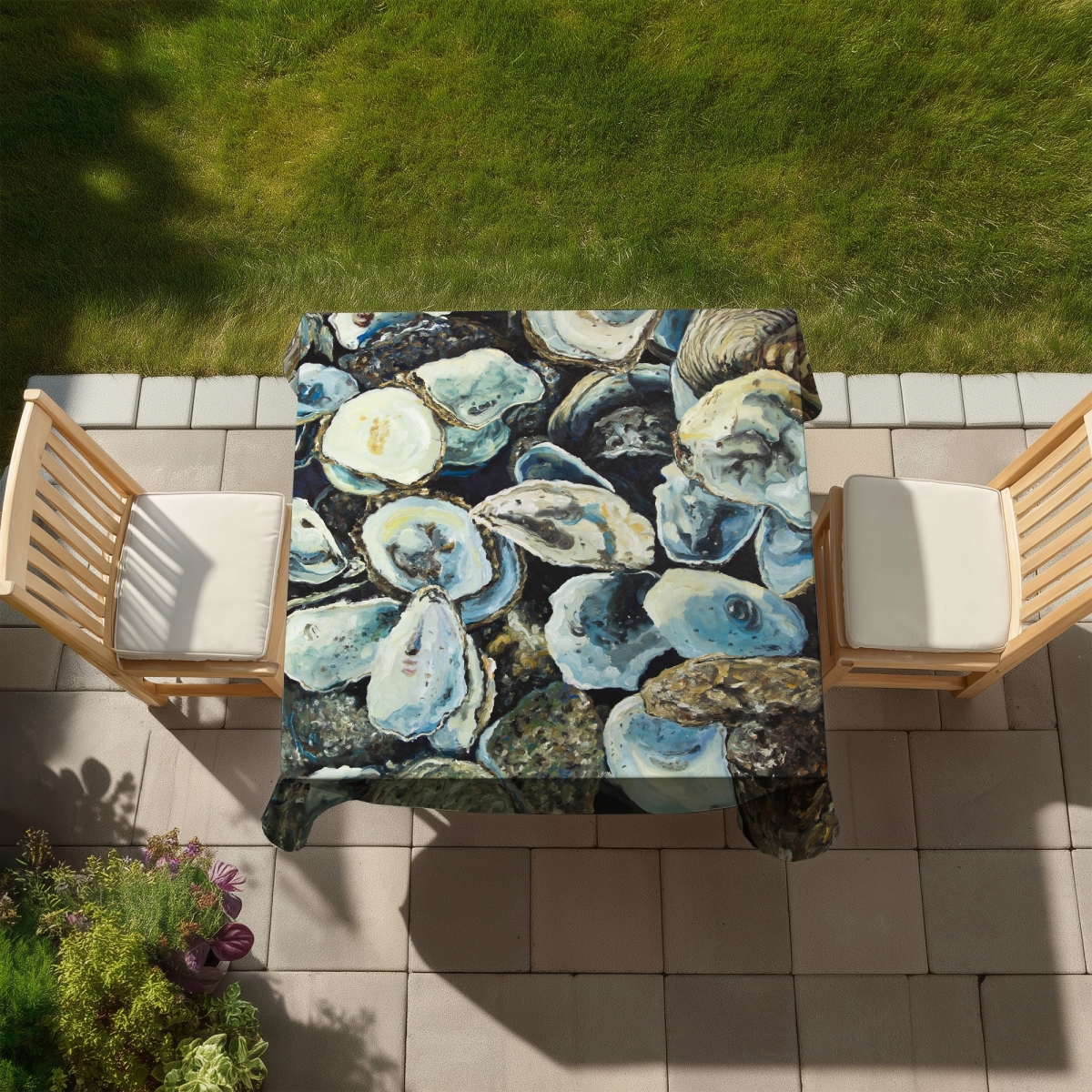 Picture of Begin Home Decor C1TC58583FKYXN 58 x 58 in. Oyster Shells Blue Coastal Tablecloth - Home Decor Indoor & Outdoor