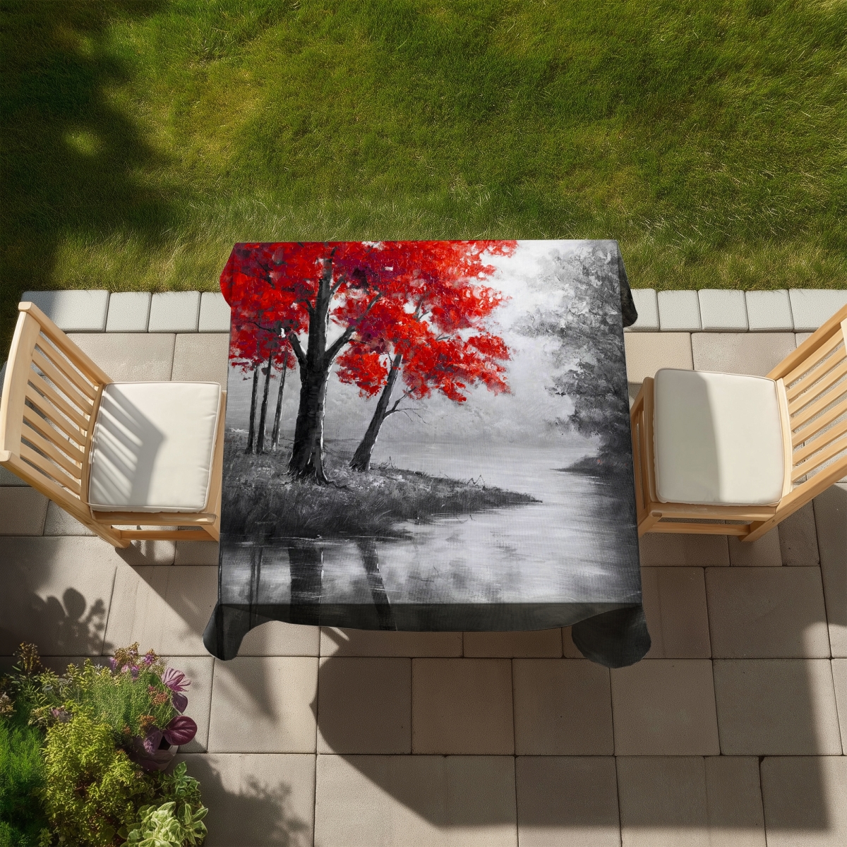 Picture of Begin Home Decor C1TC5858MWCPQ8 58 x 58 in. Gray Contemporary Tablecloth - Red Trees & Lake Design
