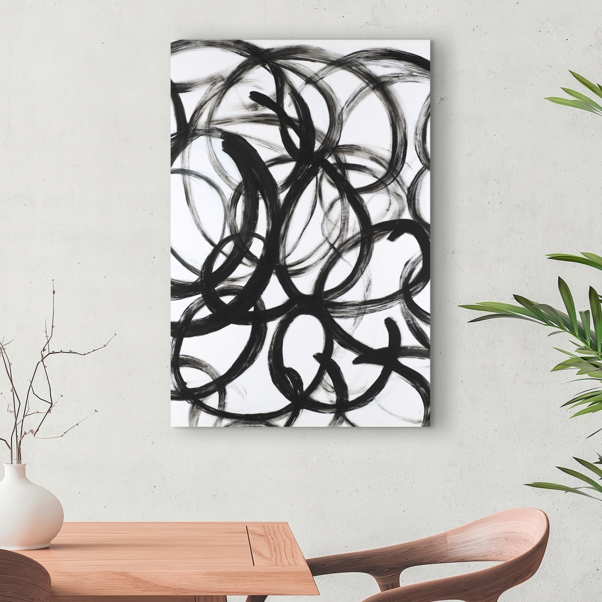 C1RC2436FATXZU 24 x 36 in. Abstract Curly Lines - Black & White Canvas Home Decor