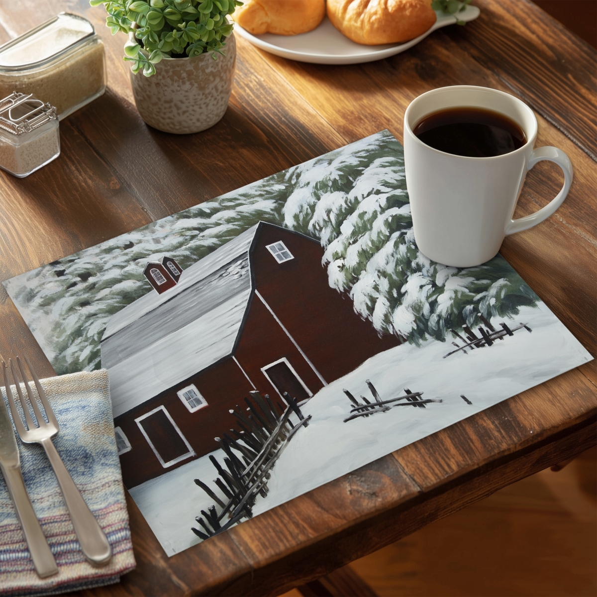 Picture of Begin Home Decor C4PP1418IO9I39 14 x 18 in. Red Barn in Snow Polyester Placemat - Home Decor Accent - Set of 4