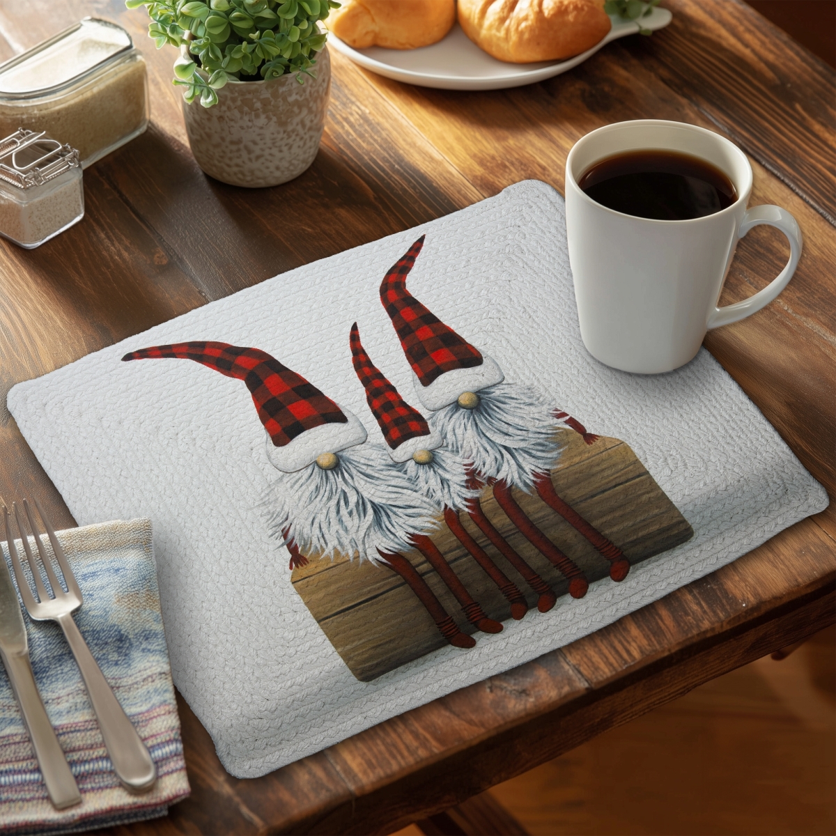 Picture of Begin Home Decor CBPM1418FGF1U0 14 x 18 in. Rustic Braided Polyester Placemat - Three Christmas Gnomes Decor