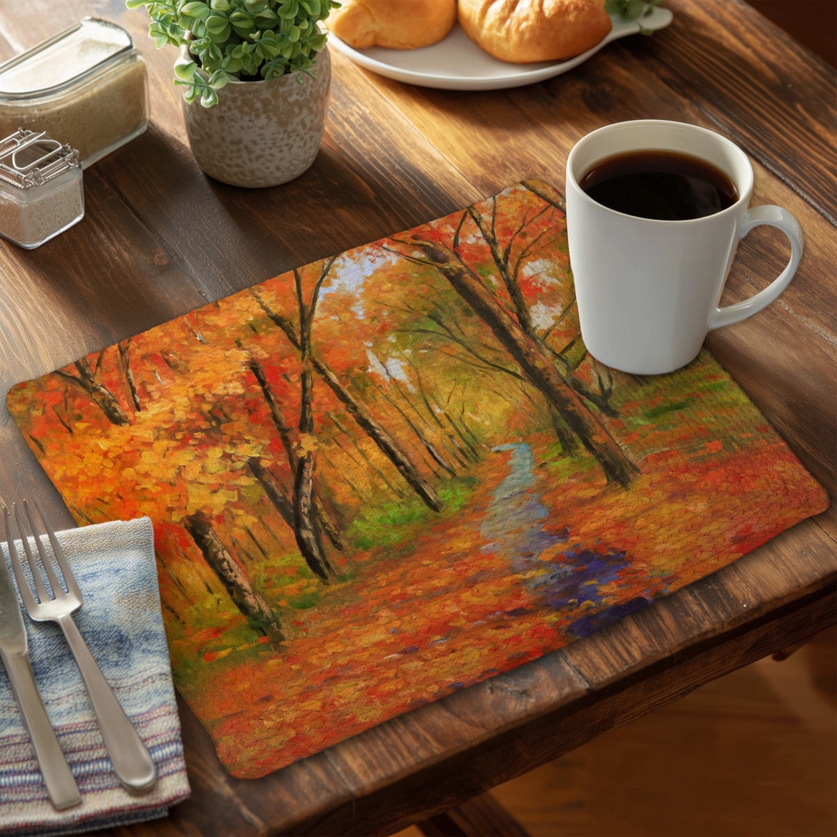 Picture of Begin Home Decor C6BP14182ZOV2K 14 x 18 in. Autumn Trail in the Forest Braided Polyester Placemat - Home Decor - Set of 6