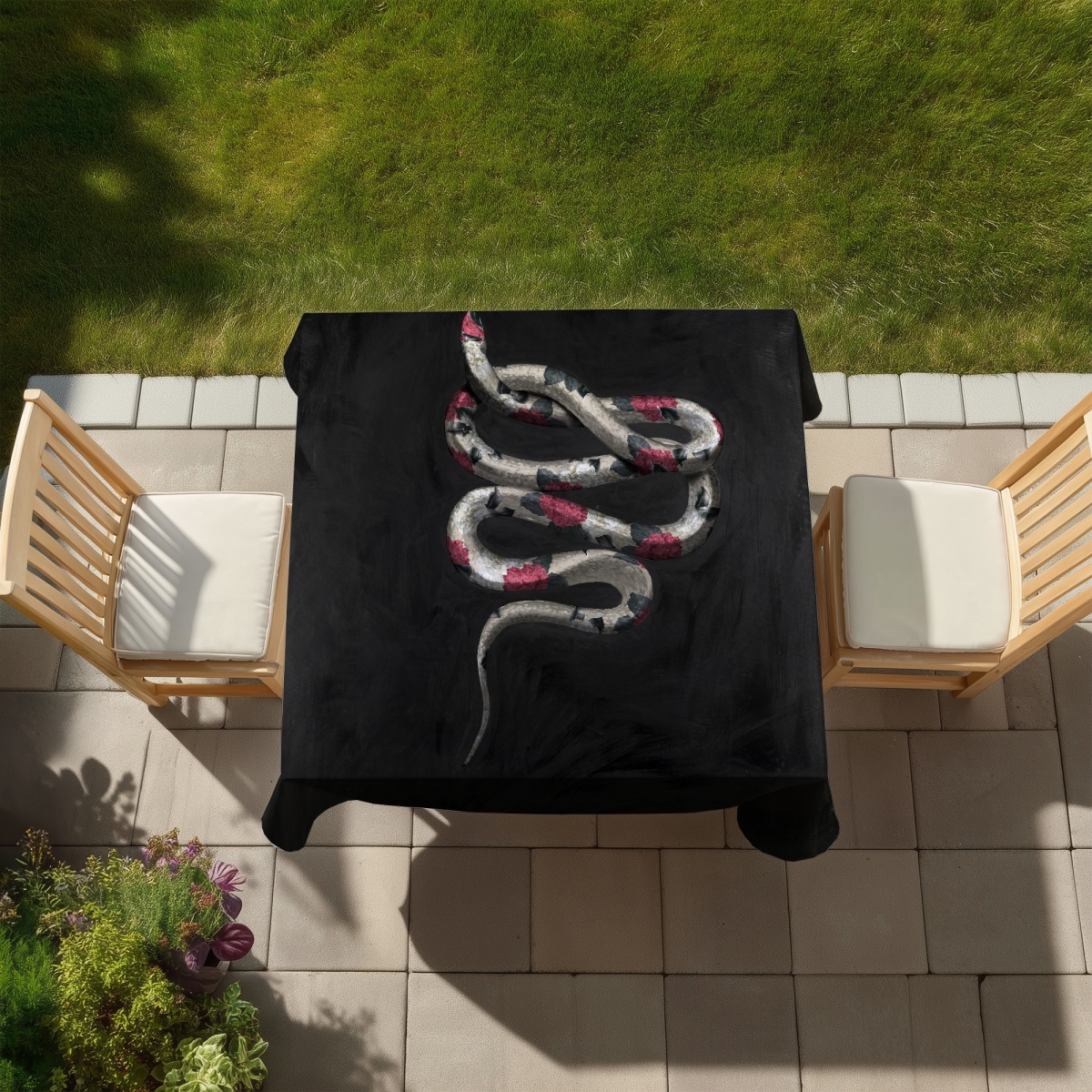 Picture of Begin Home Decor C1TC5858BO9T67 58 x 58 in. Snake Flowers Tablecloth - Leaves Animals Decor - Indoor & Outdoor