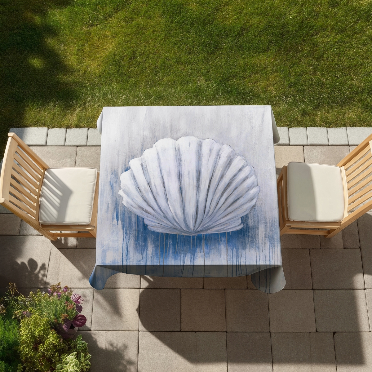 Picture of Begin Home Decor C1TC5858XBH4TV 58 x 58 in. Blue Feston Shell Tablecloth - Indoor & Outdoor Coastal Decor
