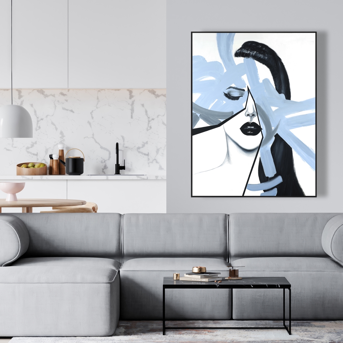 C1FC3648AQ6TH4 36 x 48 in. Abstract Blue Woman Portrait - Framed Canvas for Bedroom Decor