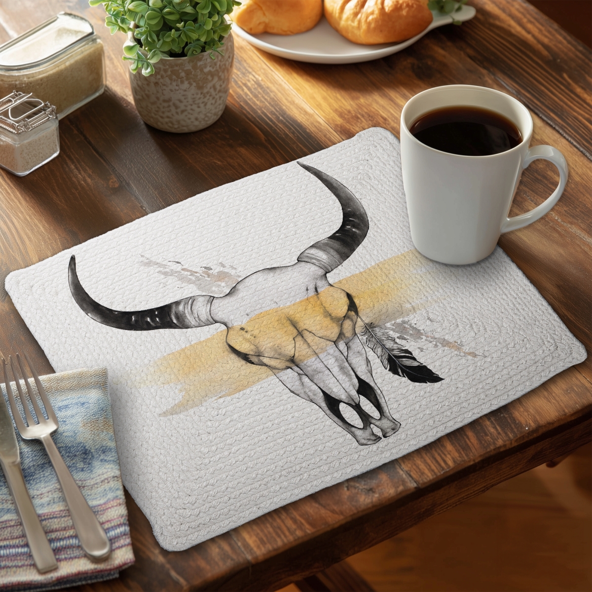 Picture of Begin Home Decor CBPM14186200NQ 14 x 18 in. Cow Skull with Feather Placemat - Rustic Home Decor