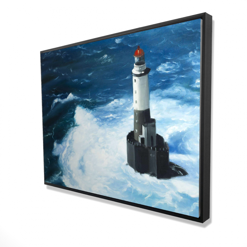 2081-3648-CO78 36 x 48 in. Unleashed Waves on a Lighthouse - Blue Framed Canvas Art