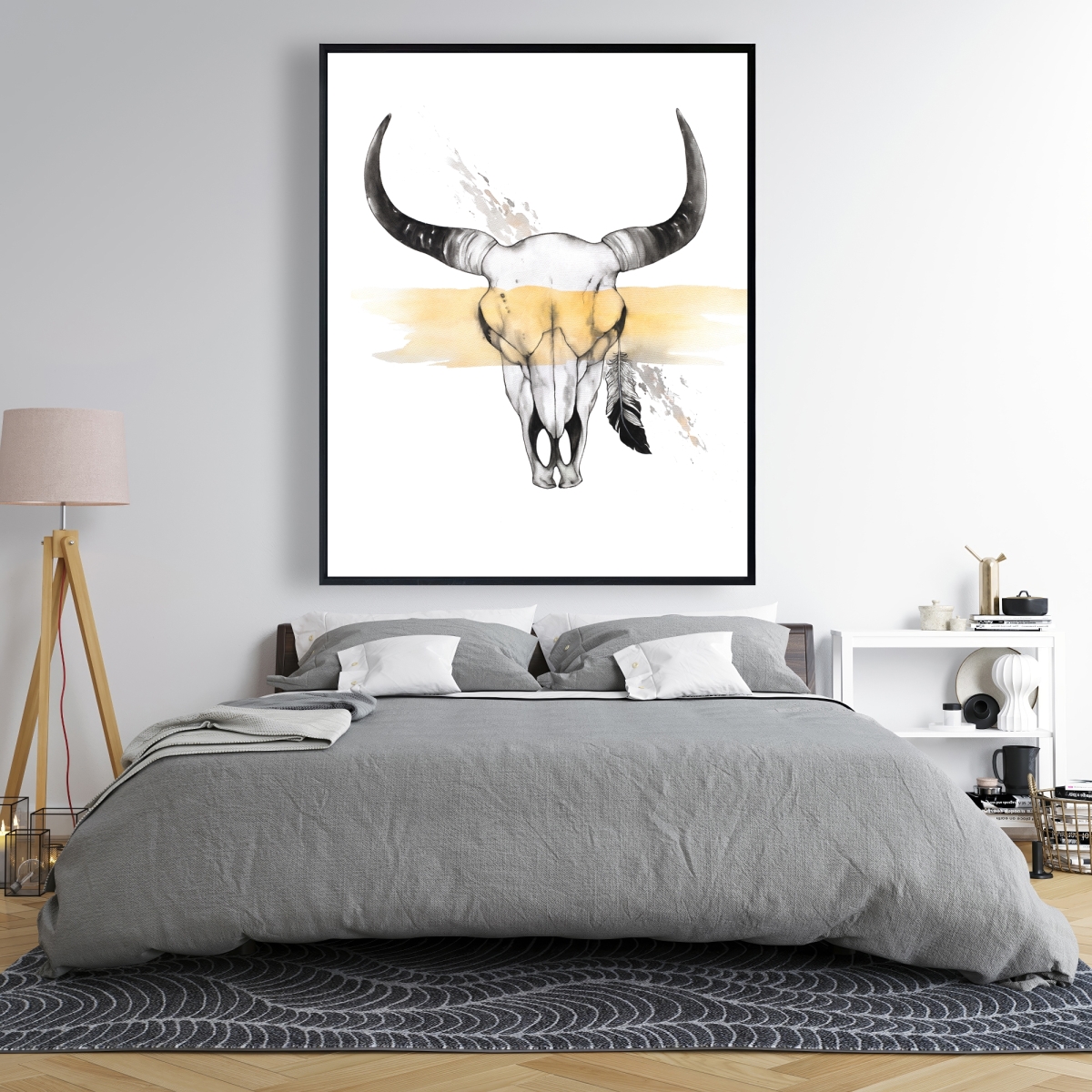 C1FC4860XKLEHE 48 x 60 in. Cow Skull with Feather - Rustic Framed Canvas Home Decor