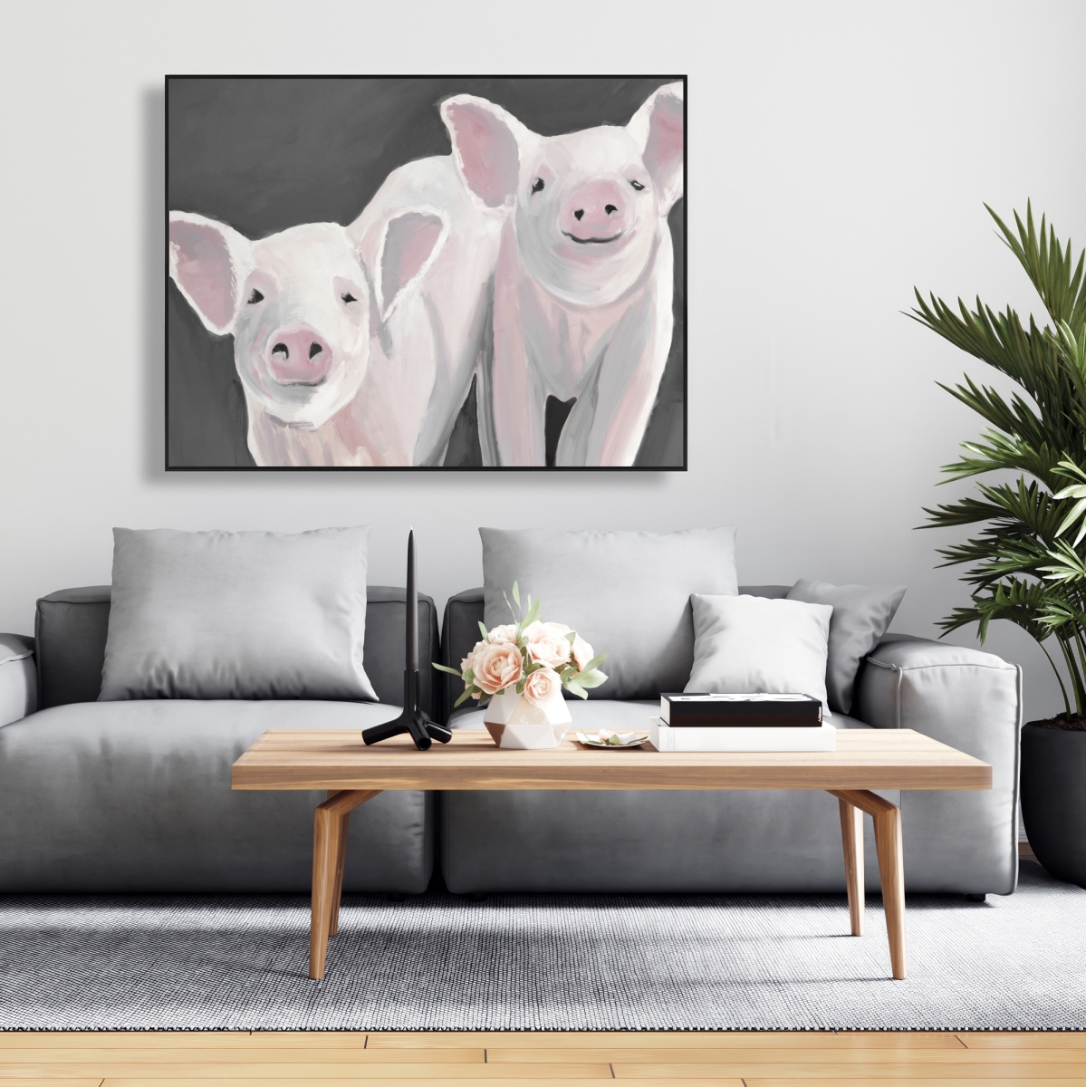 C1FC3648M4YOQU 36 x 48 in. Two Little Piglets - Gray Framed Canvas for Home Decor
