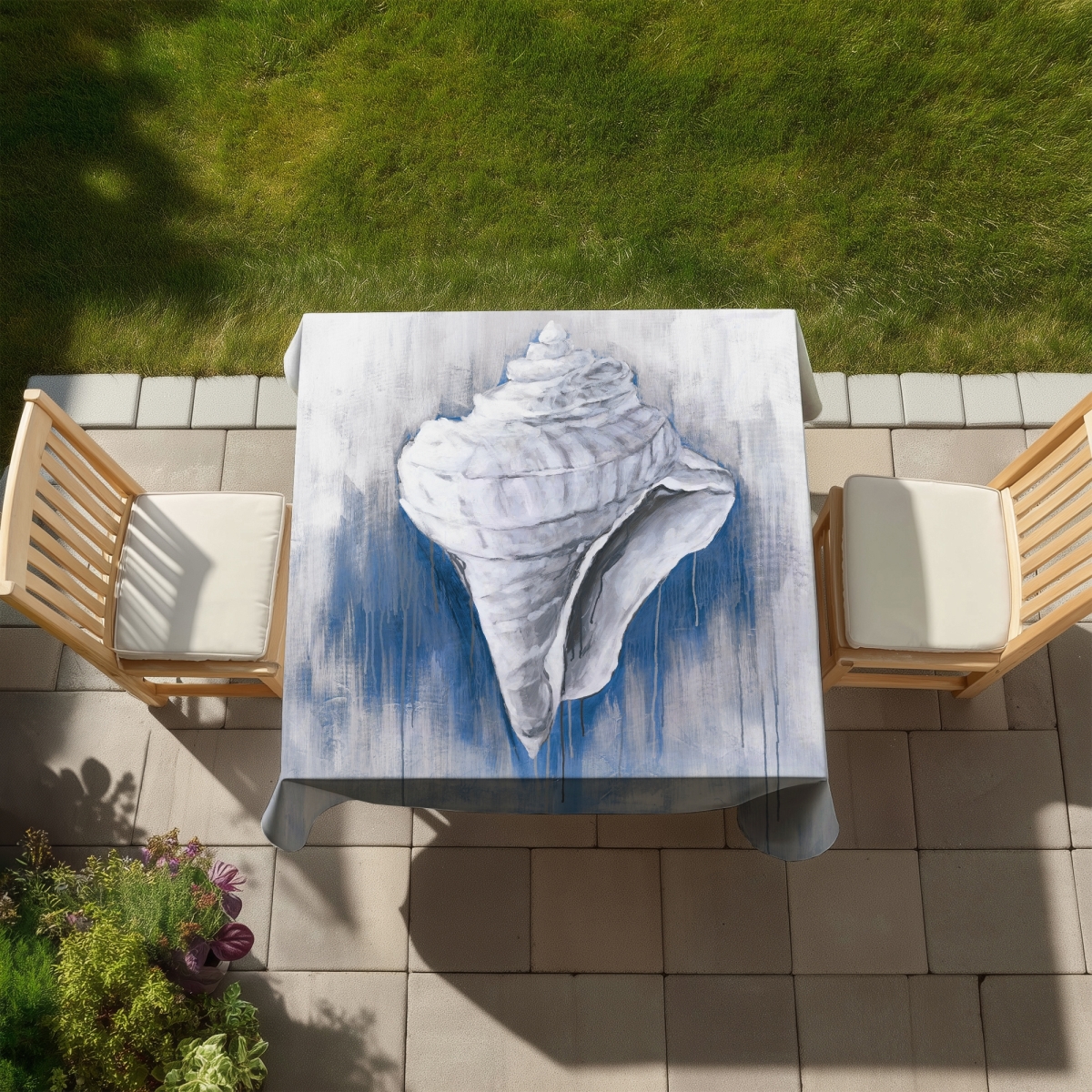 Picture of Begin Home Decor C1TC5858P147FO 58 x 58 in. Blue Conical Shell Tablecloth - Coastal Indoor & Outdoor Decor