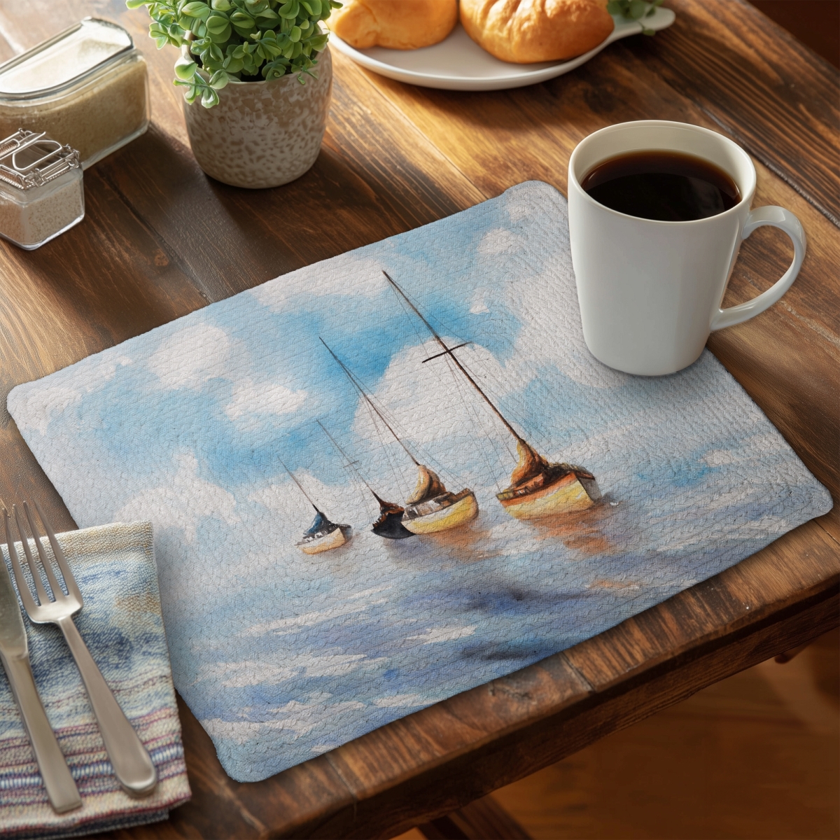 Picture of Begin Home Decor CBPM14182Q6AHG 14 x 18 in. Sailboats in the Sea Marine Blue Braided Placemat - Home Decor