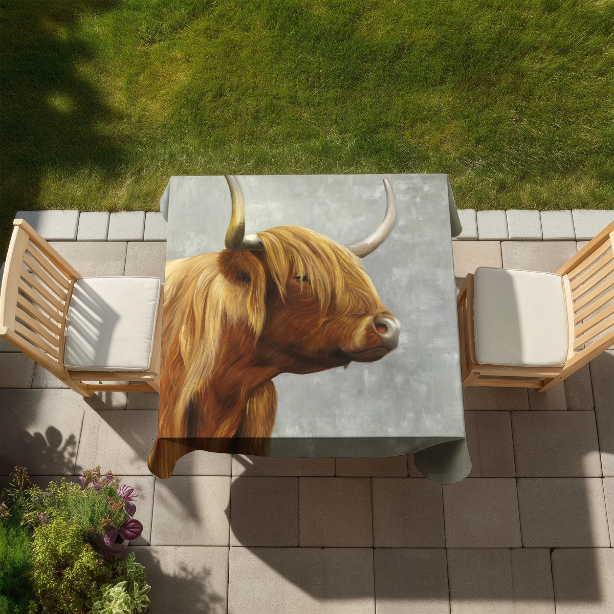 Picture of Begin Home Decor C1TC5858RQBZGE 58 x 58 in. Beautiful Highland Cattle Tablecloth - Gray Farm Animals Decor
