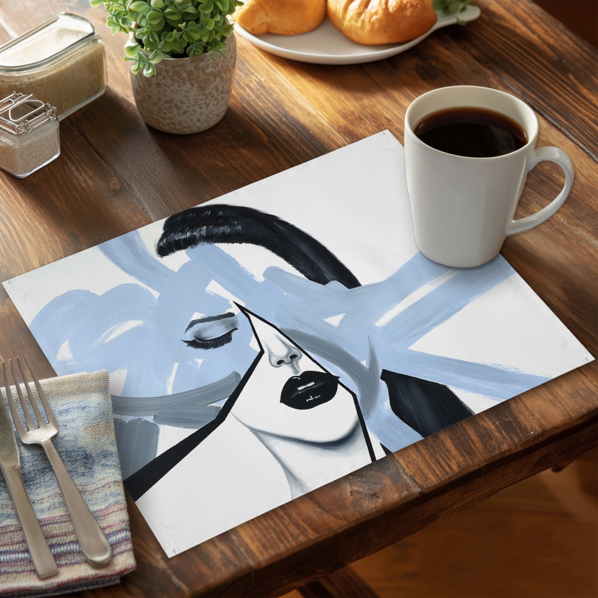 Picture of Begin Home Decor C6PP14183RH8NF 14 x 18 in. Abstract Blue Woman Portrait Polyester Placemat - Home Decor - Set of 6