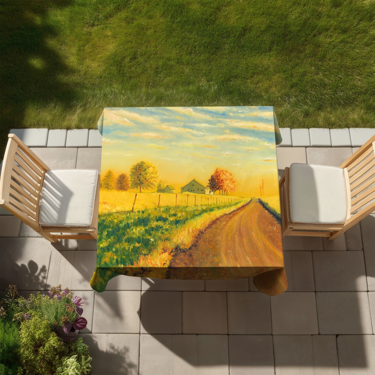Picture of Begin Home Decor C1TC5858Z6NCG8 58 x 58 in. In the Countryside Landscapes Yellow Rustic Tablecloth
