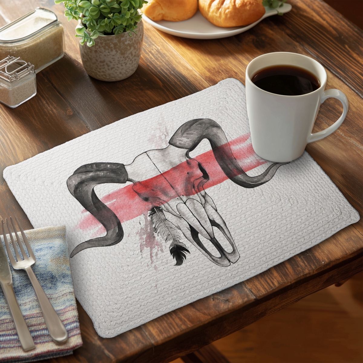Picture of Begin Home Decor C6BP1418RB9KWE 14 x 18 in. Aries Skull with Feather Braided Polyester Placemat - Home Decor - Set of 6