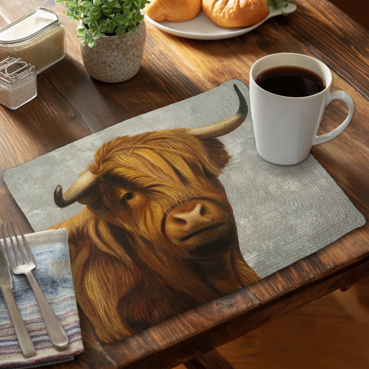 Picture of Begin Home Decor C6BP1418GV9RVI 14 x 18 in. Highland Cattle Braided Polyester Placemat - Home Decor - Set of 6