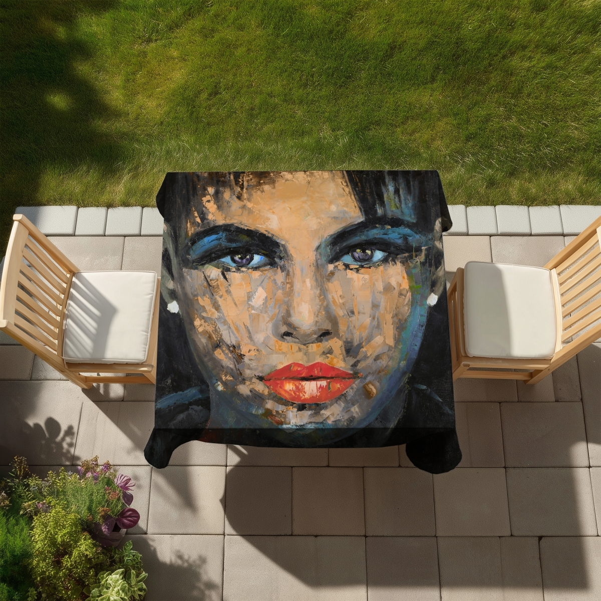Picture of Begin Home Decor C1TC5858HYPWNO 58 x 58 in. Abstract Female Portrait Blue Tablecloth - Indoor & Outdoor Decor