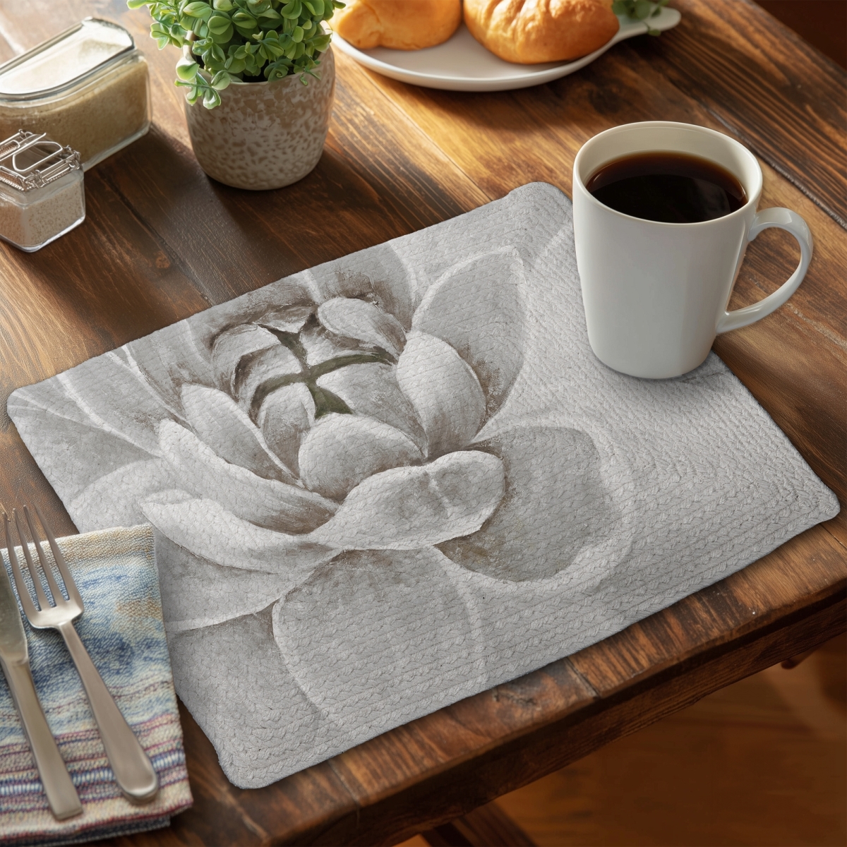 Picture of Begin Home Decor CBPM141883IZ9N 14 x 18 in. Modern Floral Braided Placemat - Delicate White Chrysanthemum