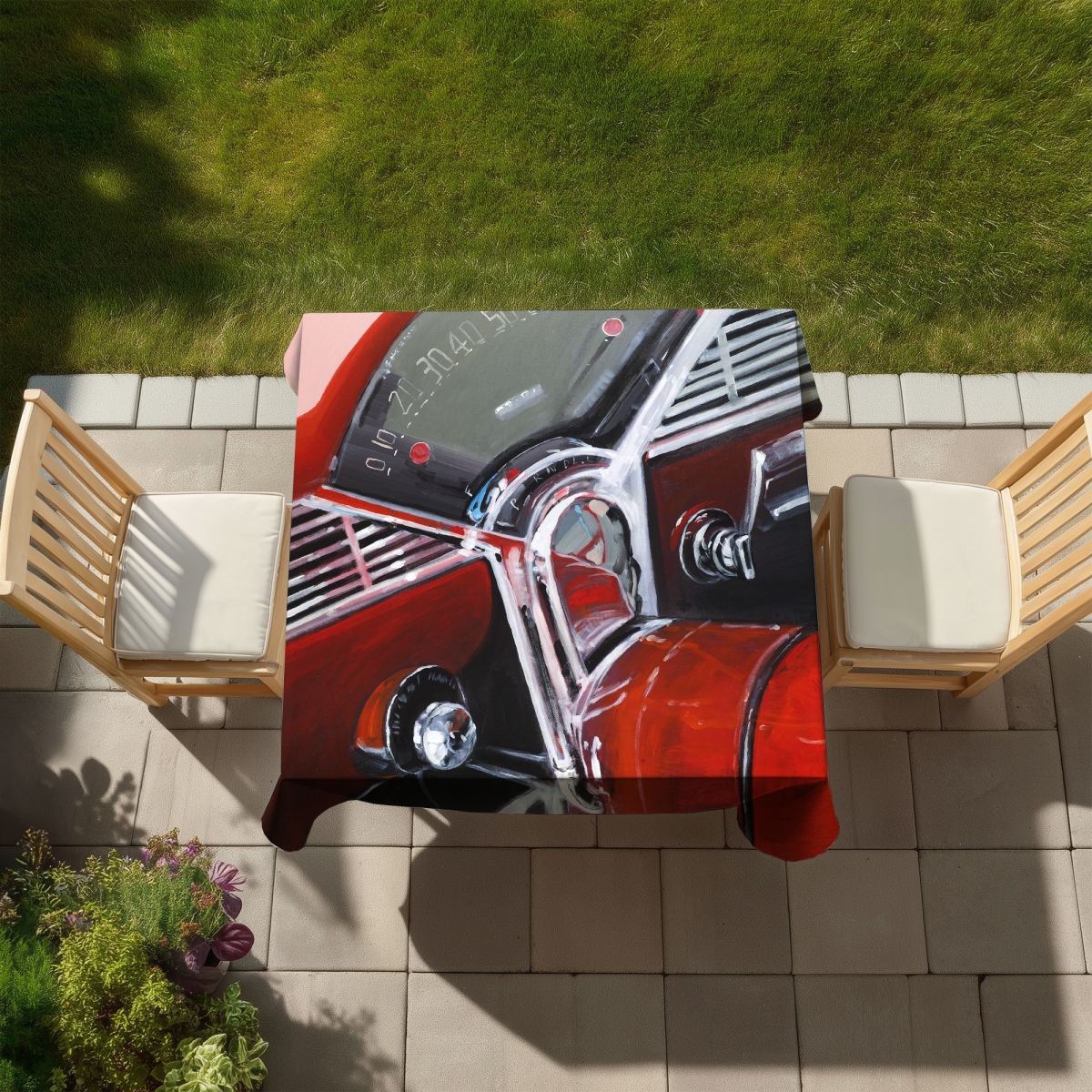 Picture of Begin Home Decor C1TC585879EM02 58 x 58 in. Vintage Red Car Dashboard Tablecloth - Indoor & Outdoor Decor
