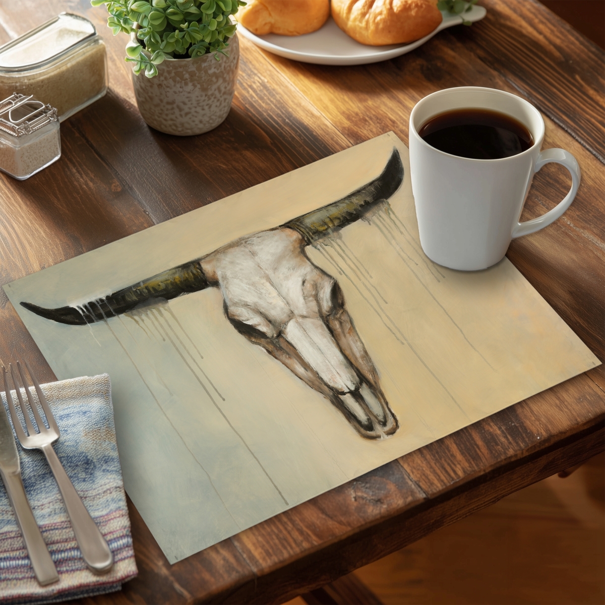 Picture of Begin Home Decor C6PP1418I2XBVR 14 x 18 in. Bull Skull Polyester Placemat - Stylish Home Decor Accessory - Set of 6