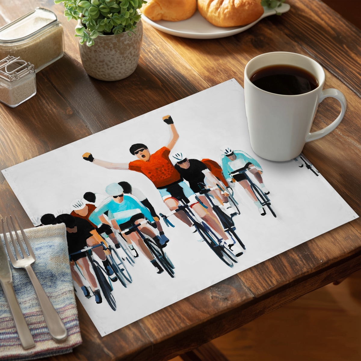 Picture of Begin Home Decor C6PP1418JNSGN9 14 x 18 in. Cyclists At the End of a Race Polyester Placemat - Home Decor - Set of 6