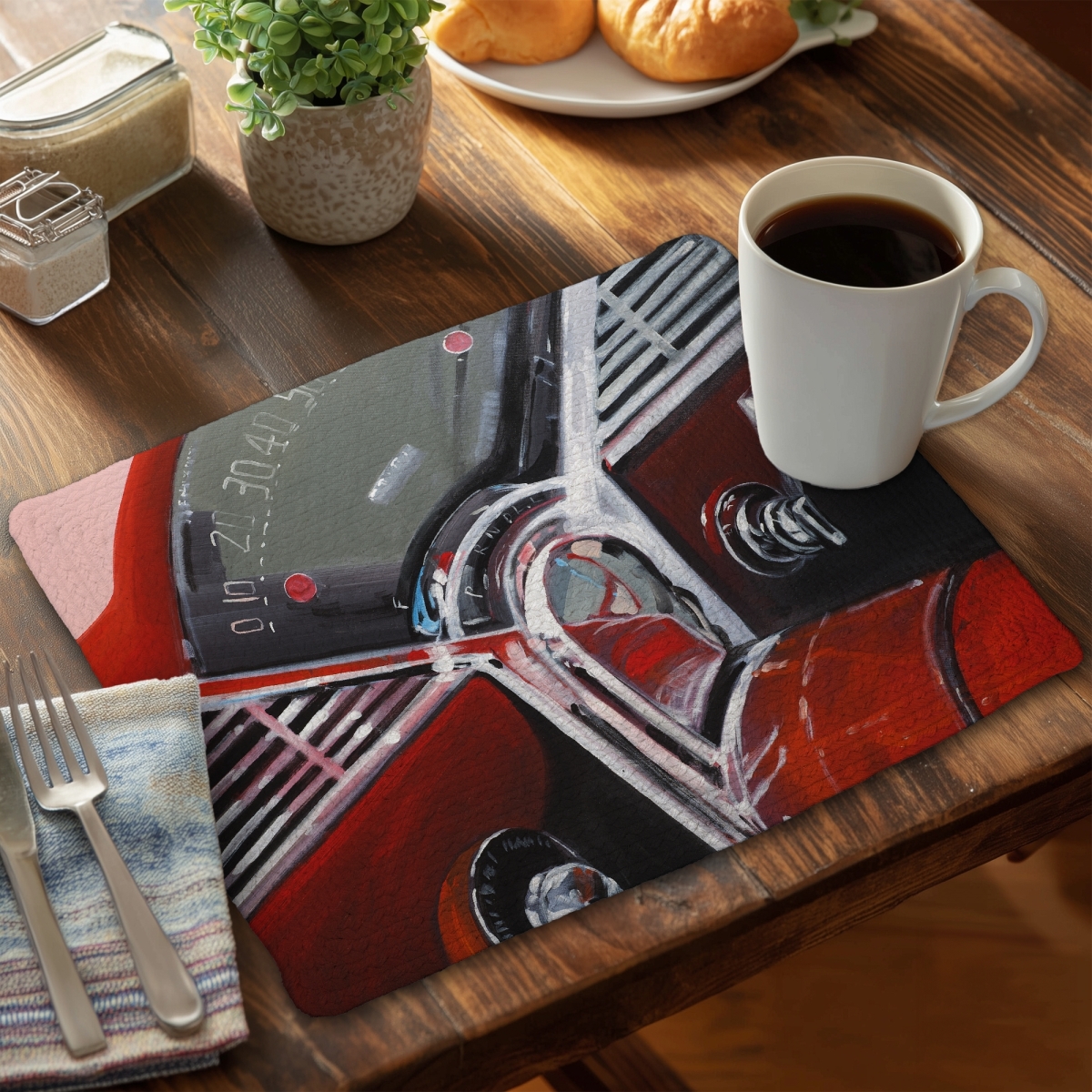 Picture of Begin Home Decor C4BP1418VZF6BR 14 x 18 in. Vintage Red Car Dashboard Braided Polyester Placemat - Home Decor - Set of 4