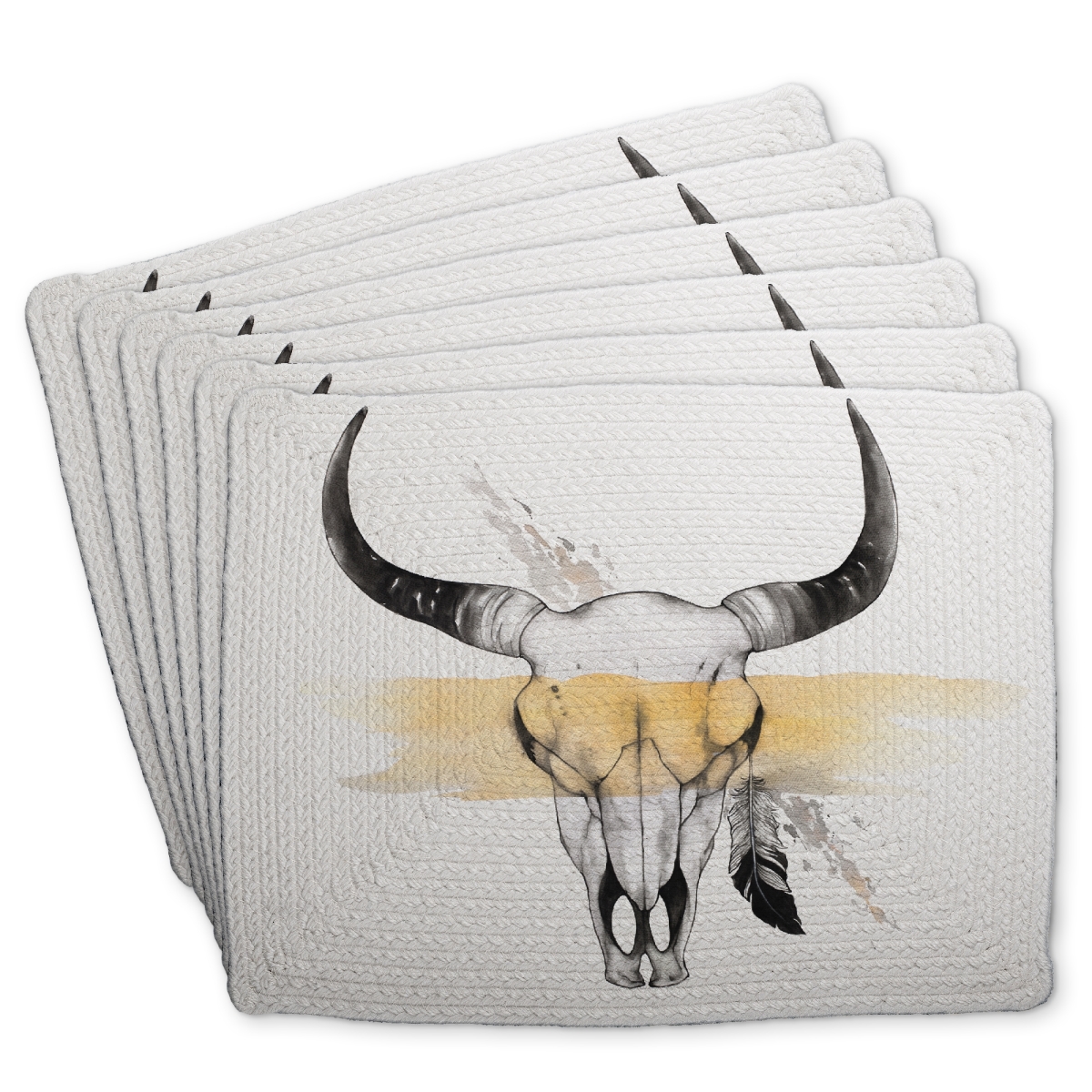 Picture of Begin Home Decor C6BP14182GR0MQ 14 x 18 in. Cow Skull with Feather Braided Polyester Placemat - Home Decor - Set of 6