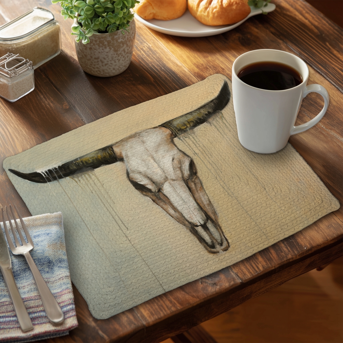 Picture of Begin Home Decor C4BP1418YZ45Q0 14 x 18 in. Bull Skull Braided Polyester Placemat - Home Decor Accent - Set of 4